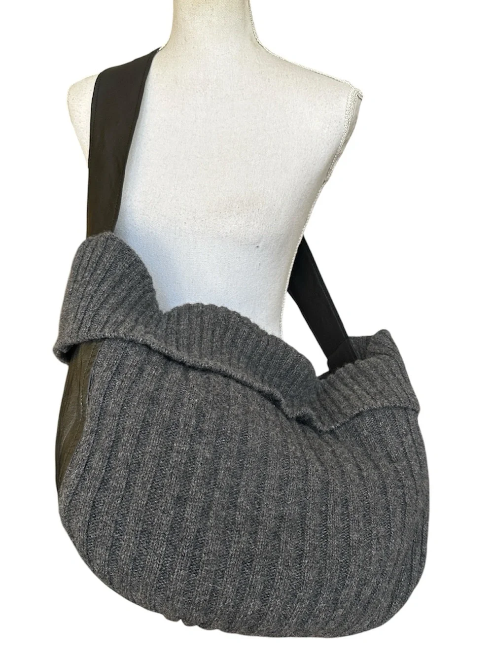 Darzzi Leather and Gray Lambswool Ribbed Knit Hobo Bag Slouchy Oversized Sling